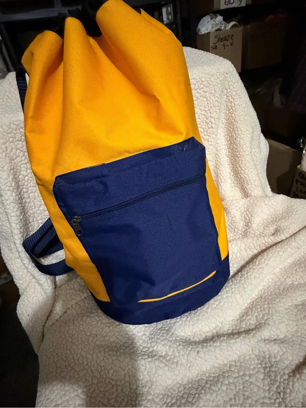 Vintage Yellow and Navy Travel Laundry Backpack